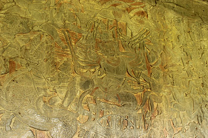Detalle del dios Vishnu durante una de las legendarias batallas contra Ravanna el rey de los demonios, en Angkor Wat (Camboya). 