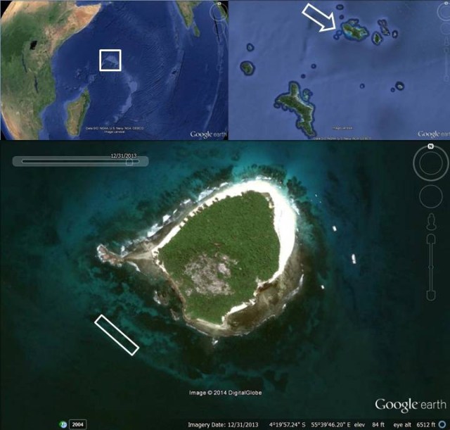 MAPA COMPUESTO DE LAS SEYCHELLES. En la imagen ampliada se aprecia la isla de Cousin, la reserva natural en donde se sitúan los viveros de coral y el arrecife trasplantado. Copyright: Google Earth